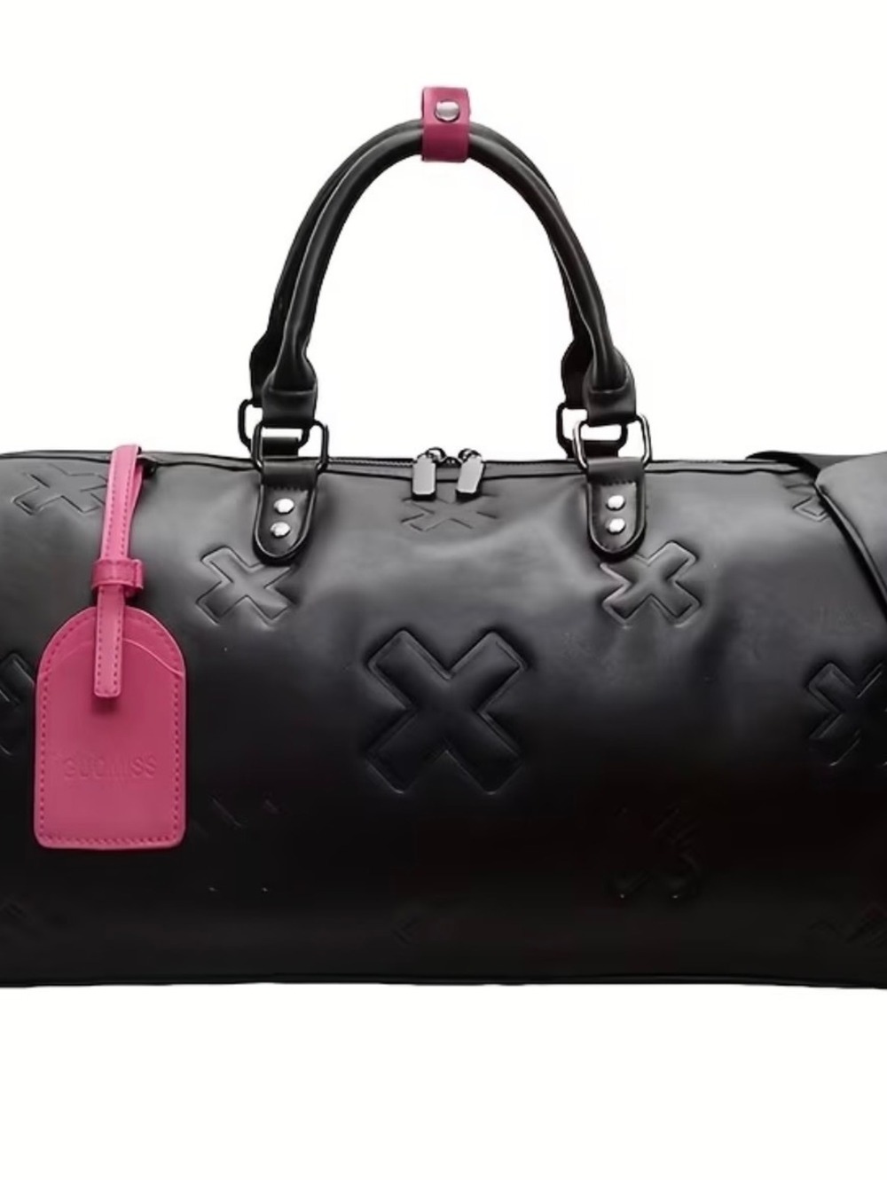 New -Gorgeous -Faux Leather Duffel w/Cross Pattern Accents -Black